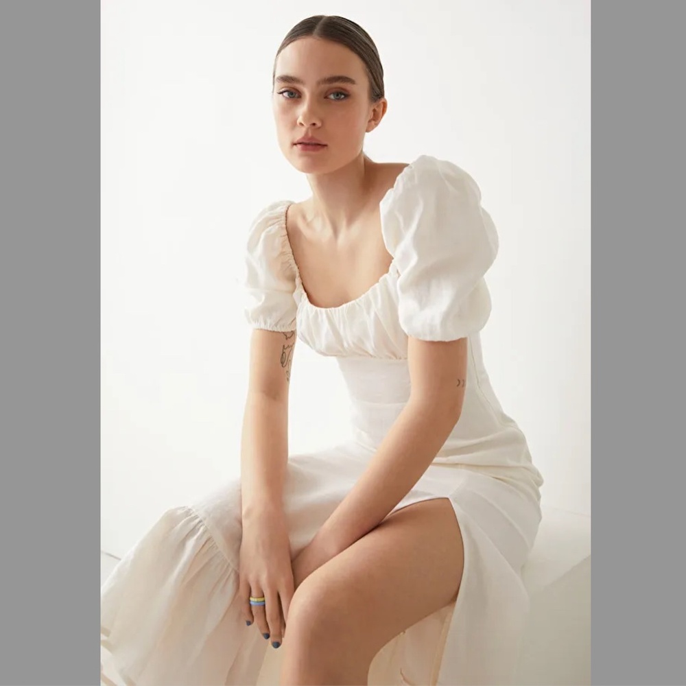 & Other Stories puff sleeve linen midi dress with split in white Size 2